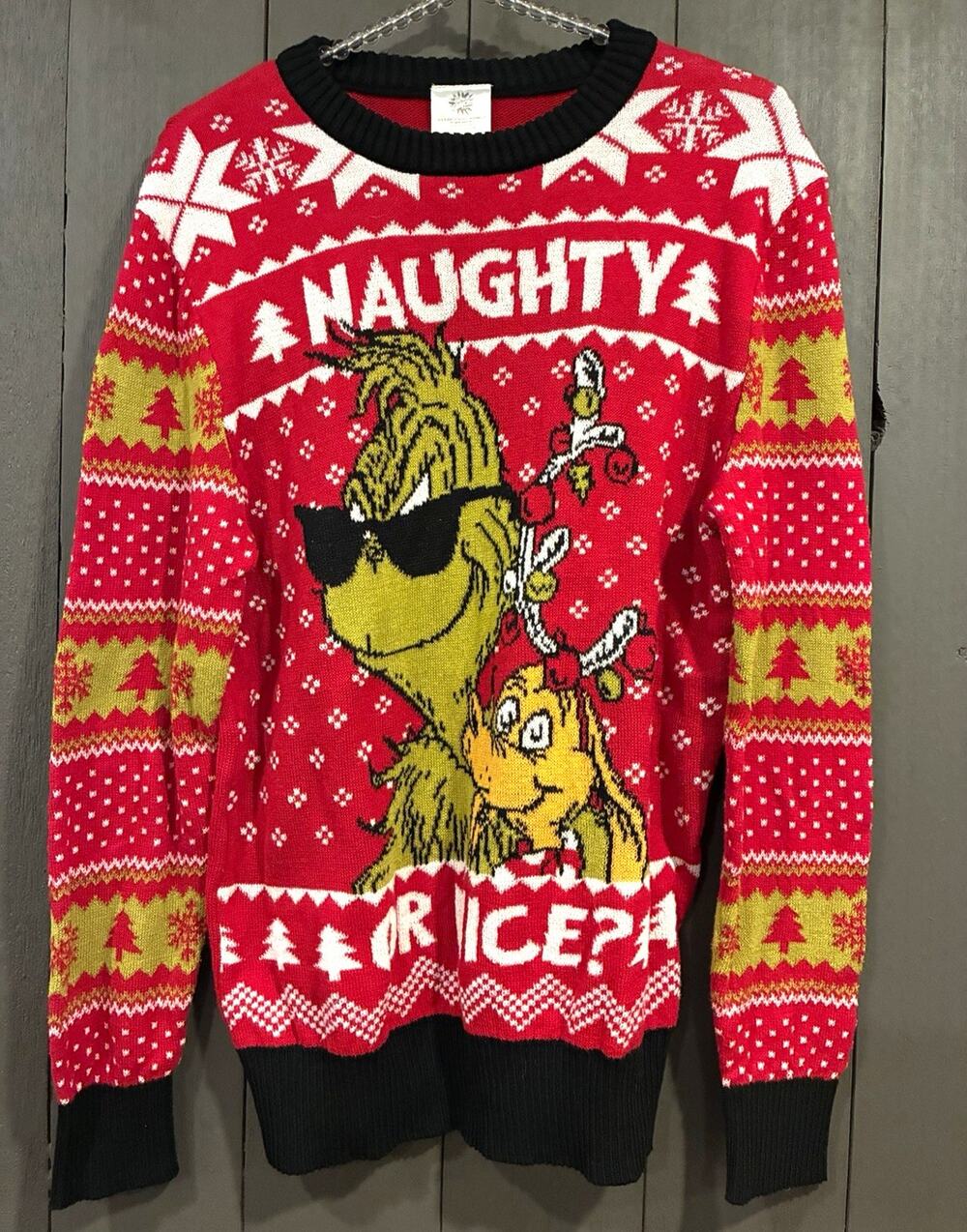 The Grinch M Naughty or Nice? Red Knit Crew Neck Pullover Sweater Christmas